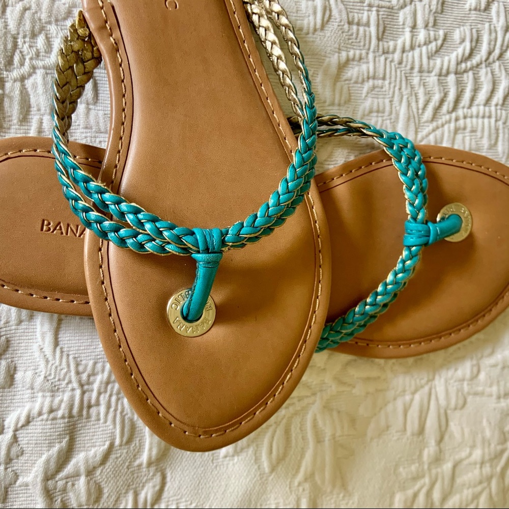 Leather turquoise and golden braided flip flops